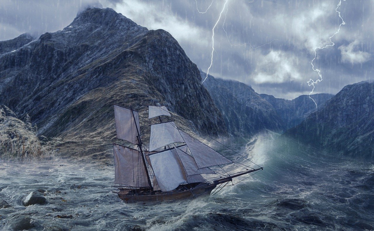galleon, sea, storm